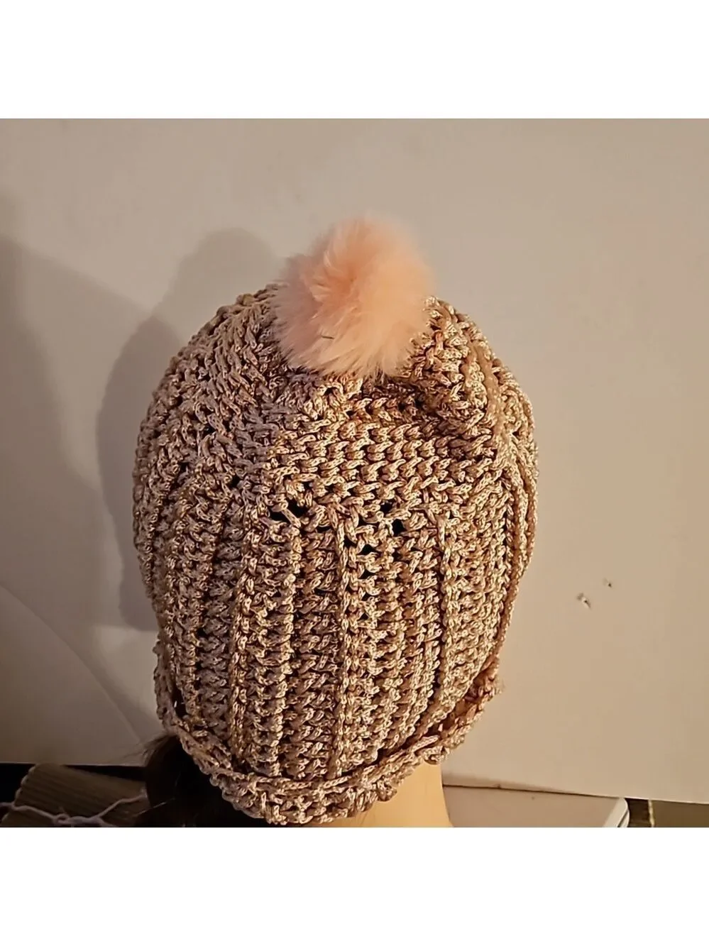 Handmade Crochet Pom pom Beanie hat Pink hollow out stitch Retro Nylon Art